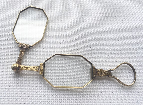 Lorgnettes 14K Gold Opera Eye Glasses, Etched Fol… - image 1