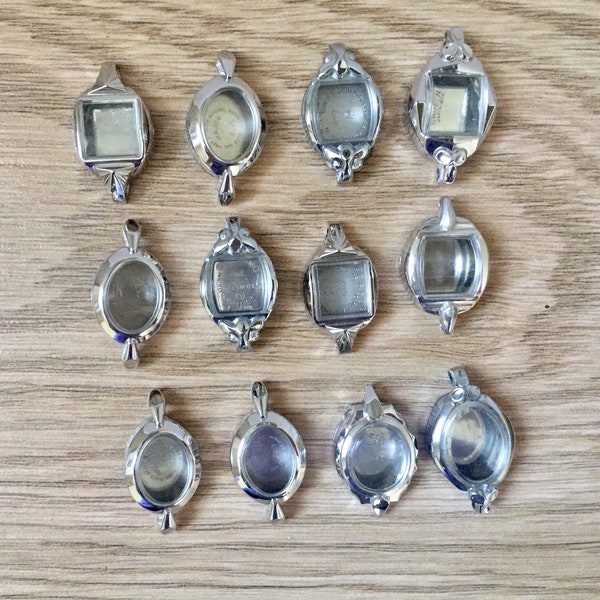 Vintage Ladies Watch Cases ~ Lot of 12, Base Metal, RGP/Steel Back, Crystals, Circa 1950's NOS, Steampunk Supplies, Altered Art