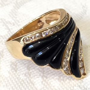 Vintage Black Onyx Diamond Ring: 18K Yellow Gold Statement Ring