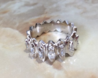 Vintage Marquise Diamond Wedding Band, 14K White Gold, Hand Engraved, Circa 1950s
