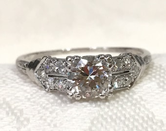 Art Deco Platinum Diamond Engagement Ring: European Cut, Filigree, 1930s Estate