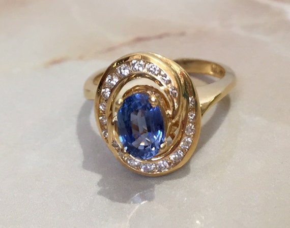 Sapphire & Diamond Swirl Ring, Blue Oval Sapphire… - image 1