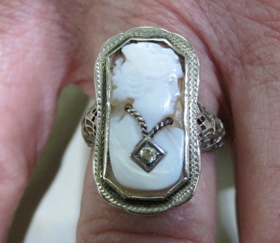 Art Deco Cameo Ring With Necklace, Vintage Filigr… - image 4