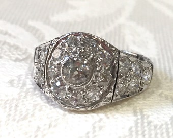 Vintage European Cut Diamond Engagement Ring, 18K White Gold Flexible Link Shank