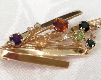 Handmade Yellow Gold Gemstone Brooch Pendant: Diamond, Amethyst, Topaz