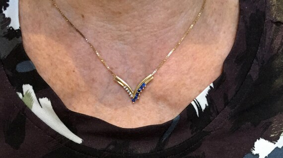 Sapphire & Diamond 14K Yellow Gold Necklace, V St… - image 2