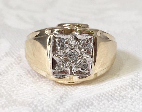 Vintage Mens Diamond Ring 10K Diamond Cluster Ring Yellow Gold