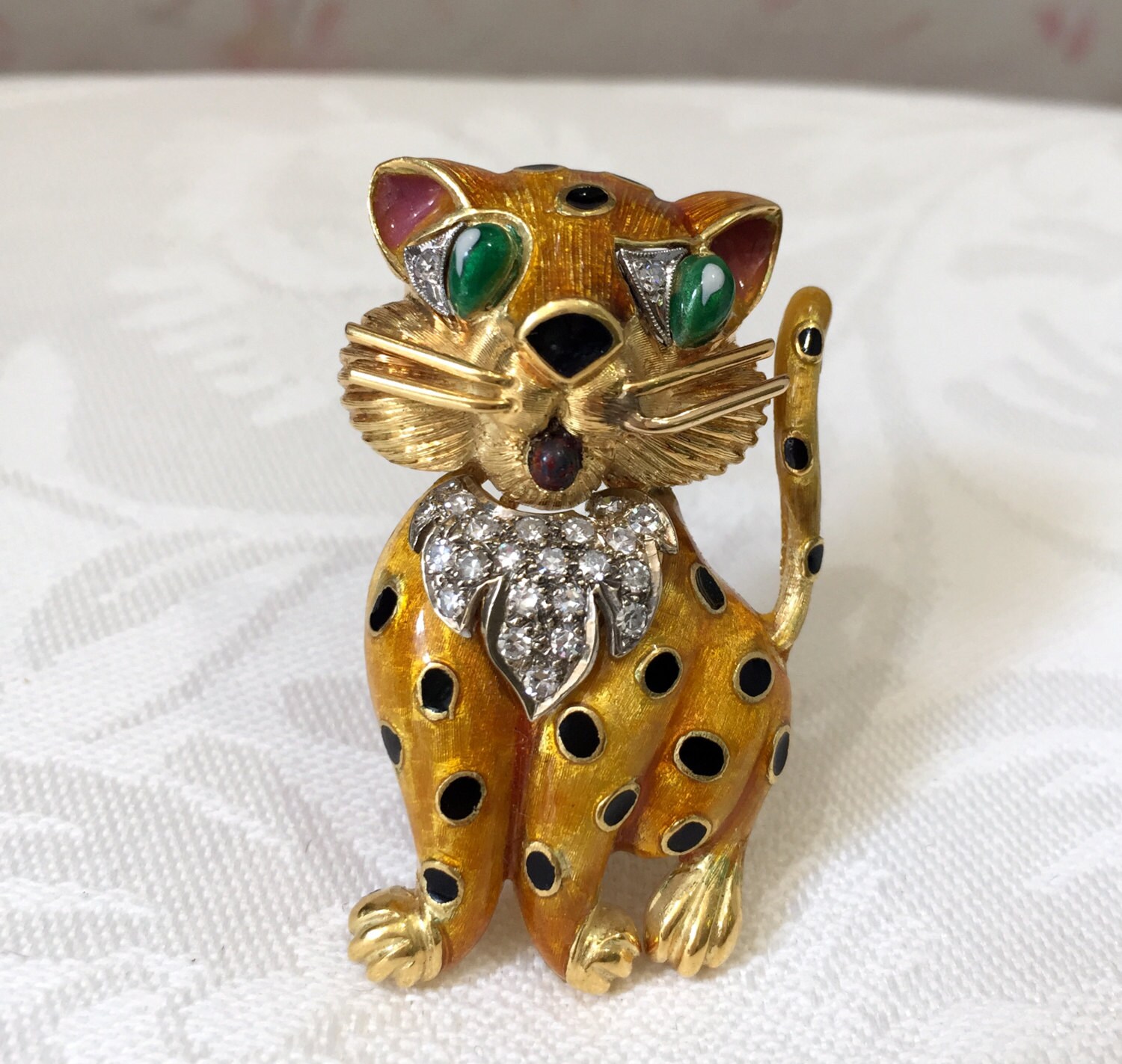 Enamel Leopard Vintage Brooch,vintage Animal Brooch,18k Enamel Leopard Vintage Brooch,vintage Animal Brooch,18k