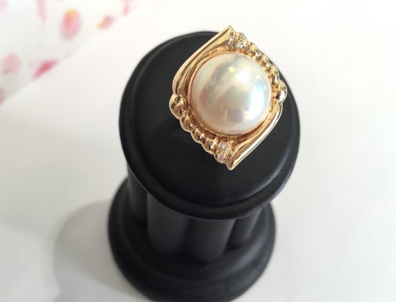 Mabe Pearl Ring With Diamonds, 14K Yellow Gold Ma… - image 1