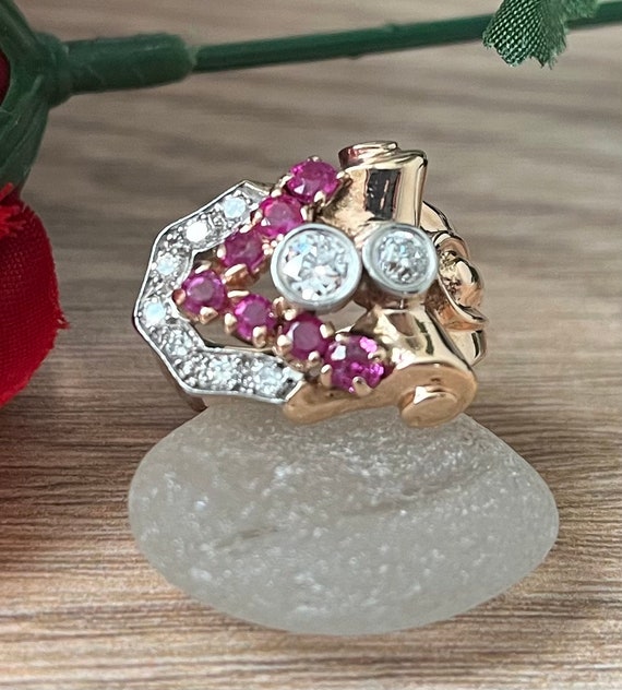 Art Deco Vintage Ring ~ Rose Gold Ruby And Diamond