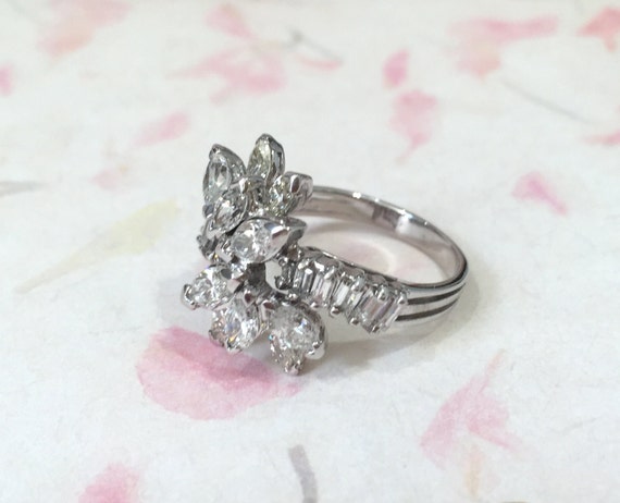 Marquise and Baguette Diamond Ring Vintage 14K White Gold Flower