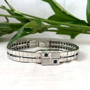 Vintage Ladies Cover Watch ~ Retro 14K White Gold Circa 1960&#39;s ~ Avova Wind Watch ~ Bracelet Watch With Blue Sapphires ~ Fine Gold Jewelry