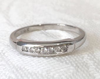 14K White Gold Diamond Wedding Band - 7 Round diamond Mid Century Stackable Ring