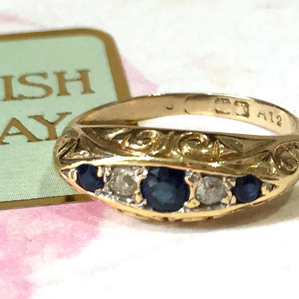 Vintage Sapphire and Diamond Ring, Engraved Gypsy Style 14K Yellow Gold Ring, 1940's Fancy Scroll Engraved Gold Mounting, Promise Ring