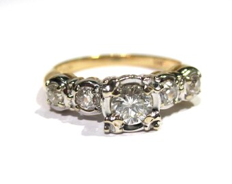 Vintage 14K Two Tone Gold Diamond Engagement Ring: European Cut, 1950s
