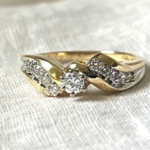 Vintage 14K Yellow Gold Diamond Bypass Ring: 1980s Bridal Jewelry