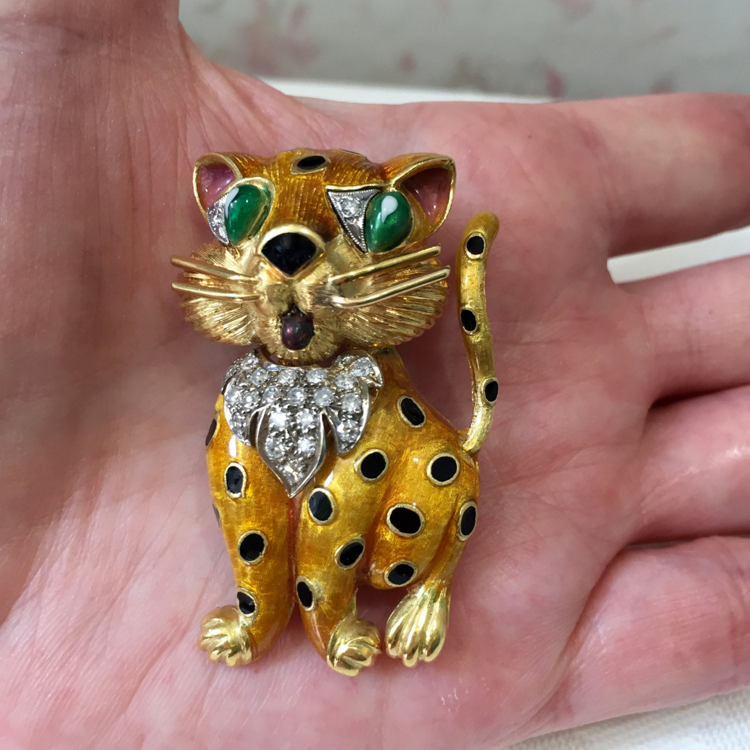 Enamel Leopard Vintage Brooch,vintage Animal Brooch,18k Enamel Leopard Vintage Brooch,vintage Animal Brooch,18k