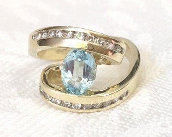 Vintage Aquamarine Diamond Ring: 14K Yellow Gold, March Birthstone