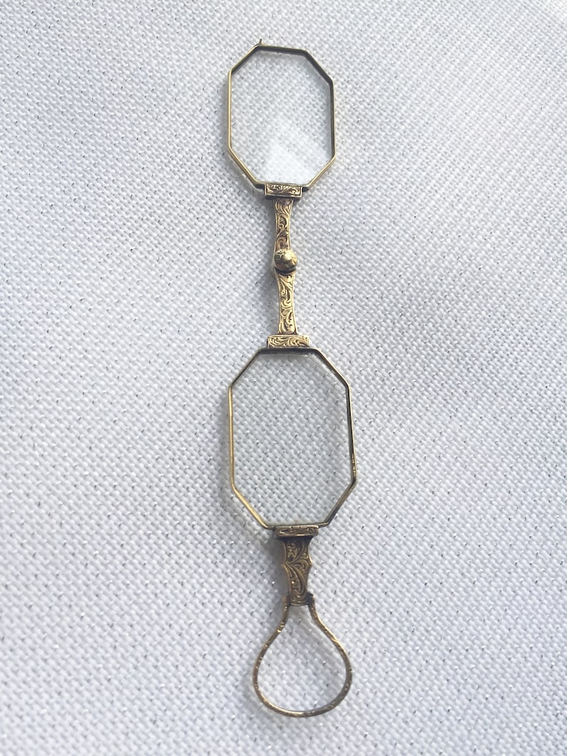 14K Gold Opera Eye Glasses, Etched Folding Reading Glasses