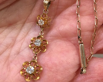 Antique Diamond Lavalier, Edwardain 10K Yellow Gold Buttercup Flower 3 Diamond Pendant, European Cut Diamonds