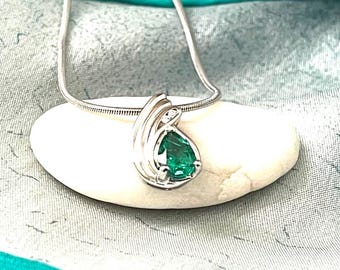 Emerald and Diamond Pendant: 14K White Gold Swirl, Italian Snake Chain