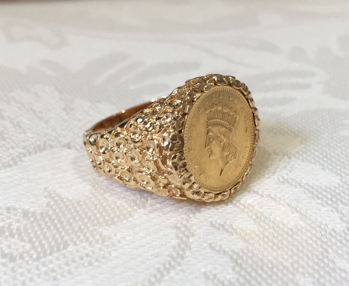 Liberty Head Coin Ring 1856 Nugget Style 14K Yellow Gold One Etsy