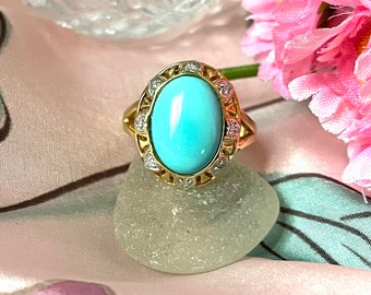 Ladies Turquoise Ring ~ 14K Yellow Gold Circa 1990's ~ Birthstone Ring ~ Oval Turquoise With Accent Diamonds ~ Gift For Her ~ Fine Jewelry