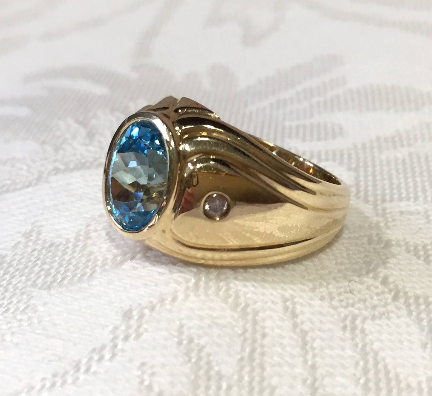 Blue Topaz Mens Ring 14K Yellow Gold Statement Ring Oval - Etsy