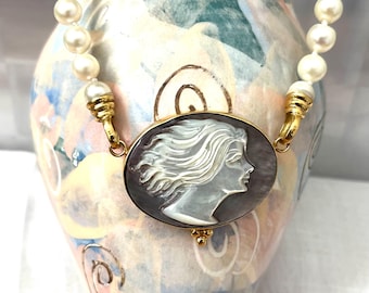 Vintage Mother of Pearl Cameo Necklace: 18K Gold, Italian Pearl Chain