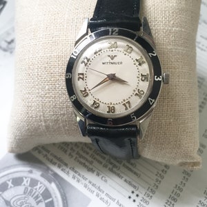 Vintage Wittnauer Mens Watch: 1950s 24hr Guilloche Dial, Enamel Bezel