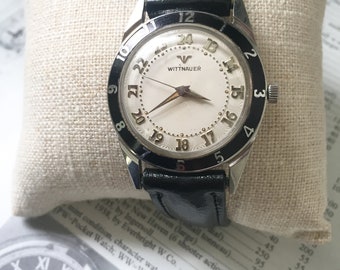 Vintage Wittnauer Mens Watch: 1950s 24hr Guilloche Dial, Enamel Bezel
