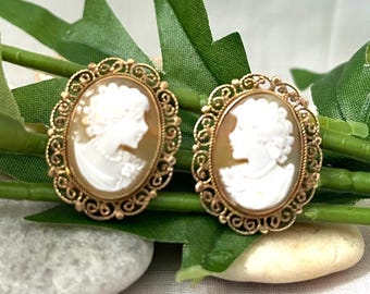 14K Gold Carnelian Cameo Earrings: Filigree Profile Post Earrings