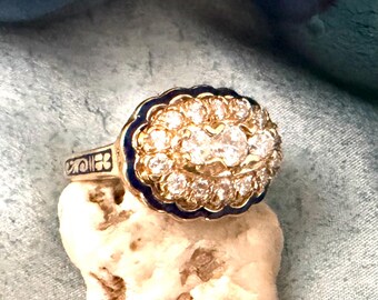 Vintage Enamel Diamond Cluster Ring ~ 14K Yellow Gold Circa 1960's ~ Scalloped Oval Shape