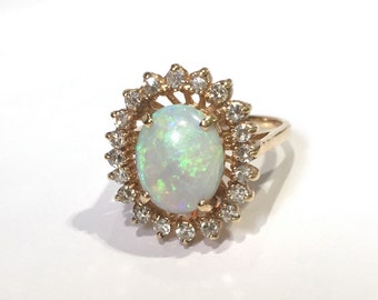 Vintage Opal Rings, Opal And Diamond Cocktail Ring, 14K Yellow Gold Ring With A Halo Of Diamonds, October Birthstone Ring, Circa 1950's