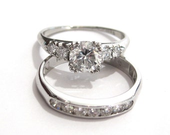 Vintage Diamond Engagement Ring Set: Platinum & 14K White Gold, 1950s, Size 5