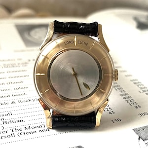 Retro Lord Elgin Futura Men&#39;s Wristwatch ~ Manual Wind ~ New Old Stock ~ Circa 1950&#39;s Gold Filled ~ Mystery Dial Watch ~ Alligator Band