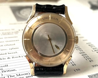 Retro Lord Elgin Futura Men's Watch: 1950s Gold Filled Mystery Dial, Alligator Band