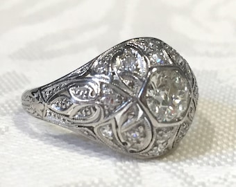 Antique Art Deco Platinum Diamond Engagement Ring: Floral Filigree