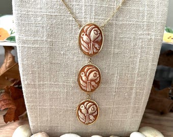 Flower Cameo Pendant ~ Oval Carnelian 3 Cameo Dangling Pendant ~ 14K Yellow Gold Figaro Chain ~ Flower Cameo Necklace ~ Made In Italy