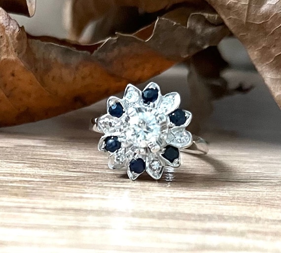 Estate Diamond & Blue Sapphire Cluster Ring ~ 14k… - image 1