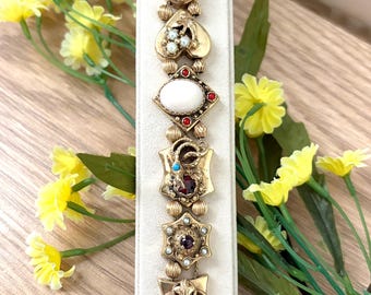 Vintage Multi-Gemstone Charm Slide Bracelet ~ 14K Yellow Gold ~ Circa 1950's ~ 7"