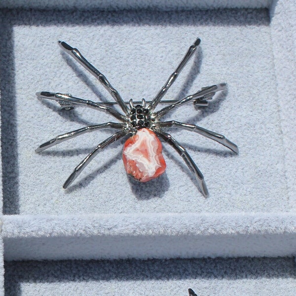 2" STONE SPIDER BROOCHES * Agate Crystal Bug w/ 4 Choices * Jasper, Quartz, Tumbled Irregular Shaped Rocks * Halloween Jewelry Pin *