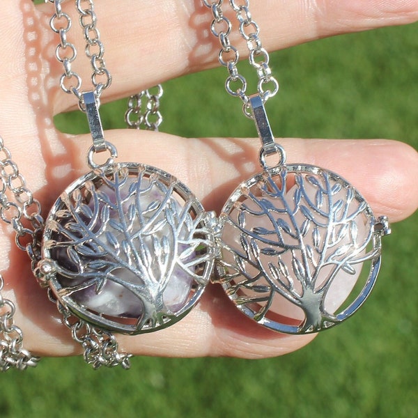 TREE of LIFE LOCKET w/ 30" Chain * Silver Toned Metals, Pendant, Cage * Includes: Purple Amethyst or Pink Rose Quartz Heart, Necklace, Gift