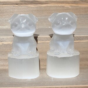 Carved SELENITE PUG DOGS ~ 4&quot; tall Crystal Rock Animal Puppy, Stone Figure