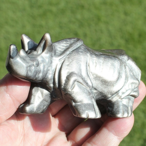 Premium SILVER OBSIDIAN RHINOCEROS ~ Strong Flash, Rock, Carved Stone Rhino Figure ~ Small Size 0.4#