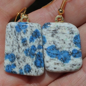 K2 STONE EARRINGS, Blue Azurite Spots in Granite from the Karakoram Mountain Range, Pendant, Asymetric 100% Natural