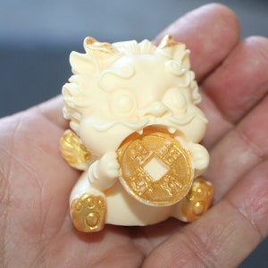 IVORY NUT Baby DRAGON * Ivory Nut Carving w/ Gold Wings, Horns + Coin * Carved Vegetable Tagua Nut, South America, Pixiu, Tiger, Lion