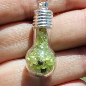 PERIDOT & EPIDOTE PENDANT w/ Silver Chain Necklace * Tiny Polished Gemstone Crystals in a Bottle * Neon Green Stone Rock