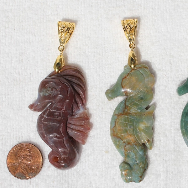 STONE SEAHORSE PENDANTS ~ 2.5" Long * Red or Green Moss Agate, Amazonite Rocks * Carved on Both Sides * Focal Necklace Rock Bead