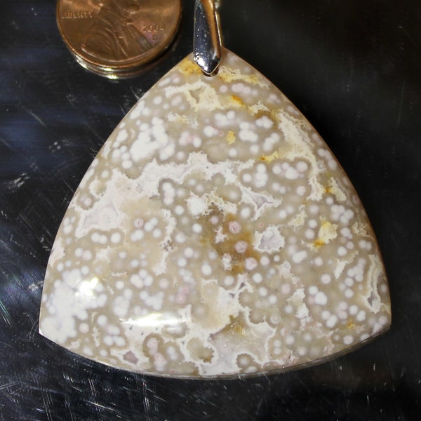 Big 2.5" OCEAN JASPER PENDANT * Silver-Plated Pinch-Bail * Translucent Agate * Rock Stone Cabochon Cab